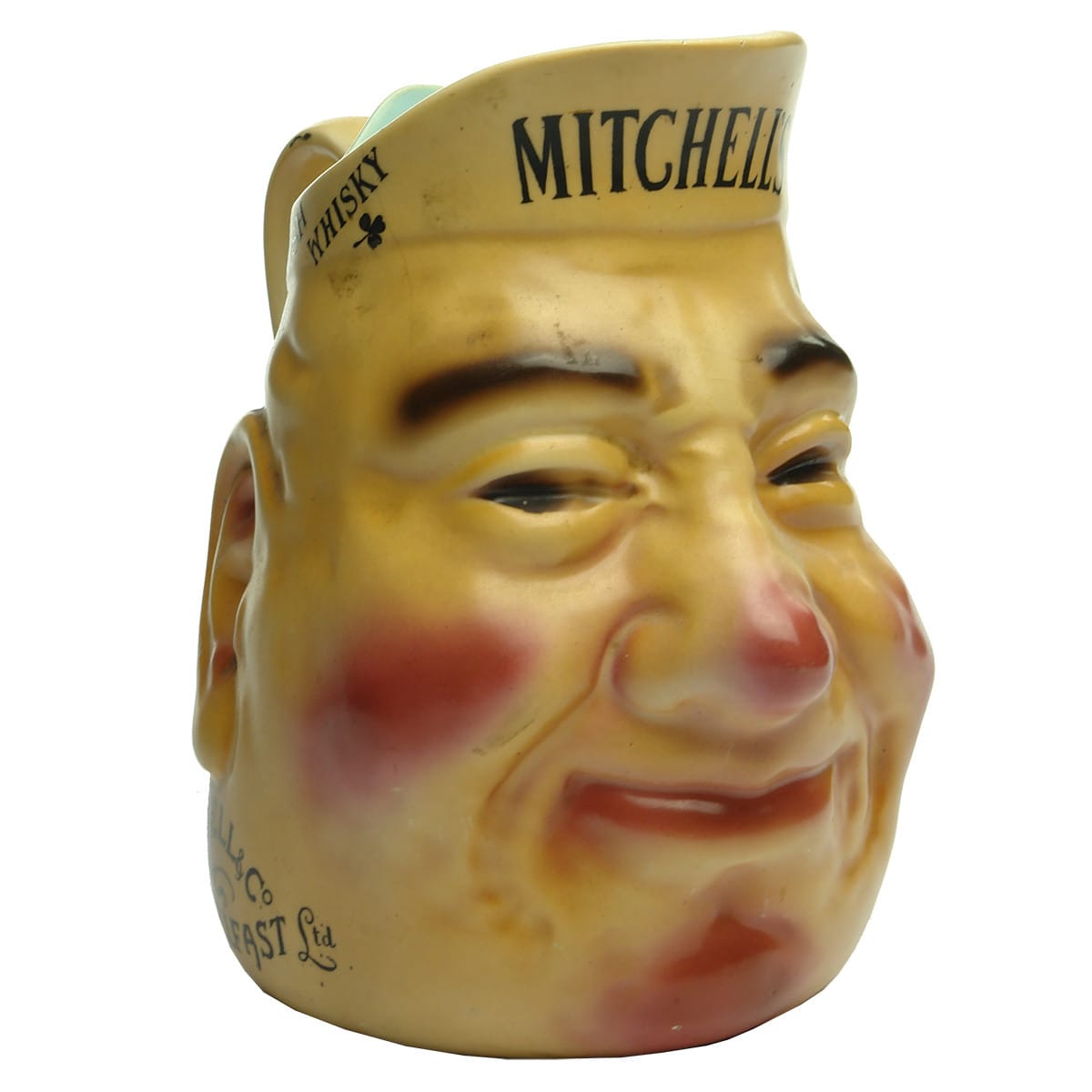 Advertising Water Jug. Mitchell & Co of Belfast, Old Irish Whisky. Character Jug. Multi-coloured.