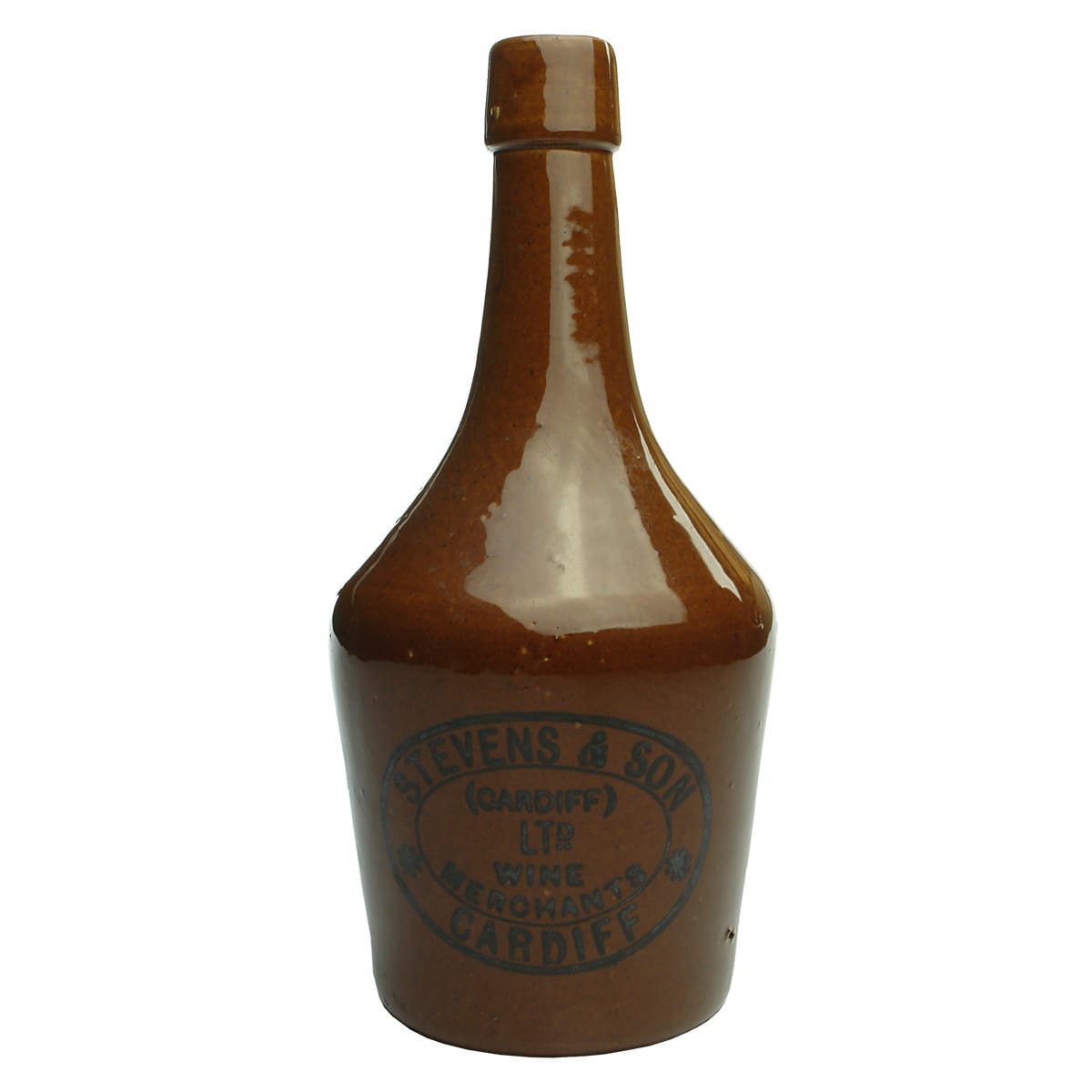 Stoneware Wine/Spirits. Stevens & Son, Wine Merchants, Cardiff. Dark Tan with Black Print. Price, Bristol.