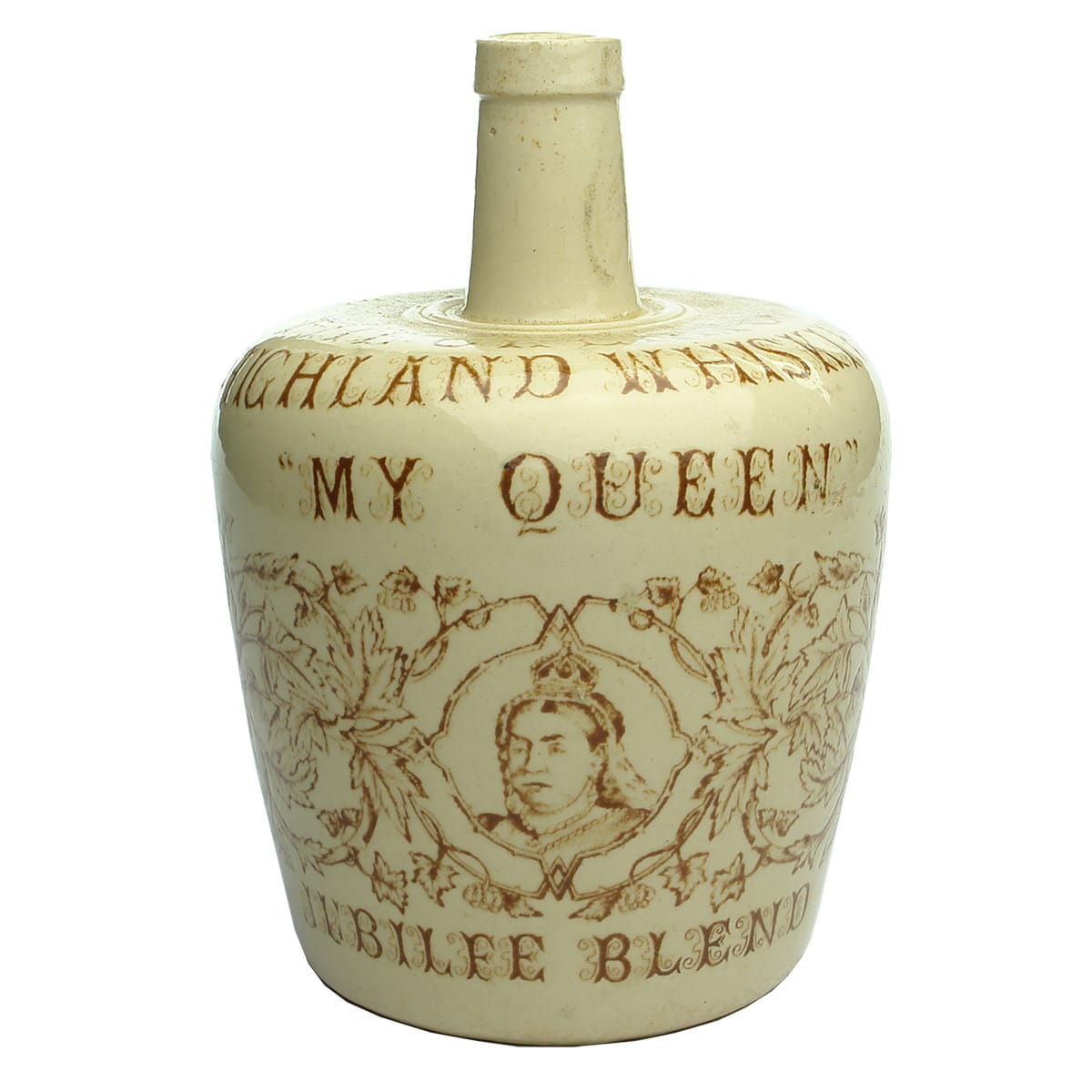 Whisky Jug. My Queen. Jubilee Blend. Thom & Cameron Ltd, Glasgow. All White with Sepia Print.