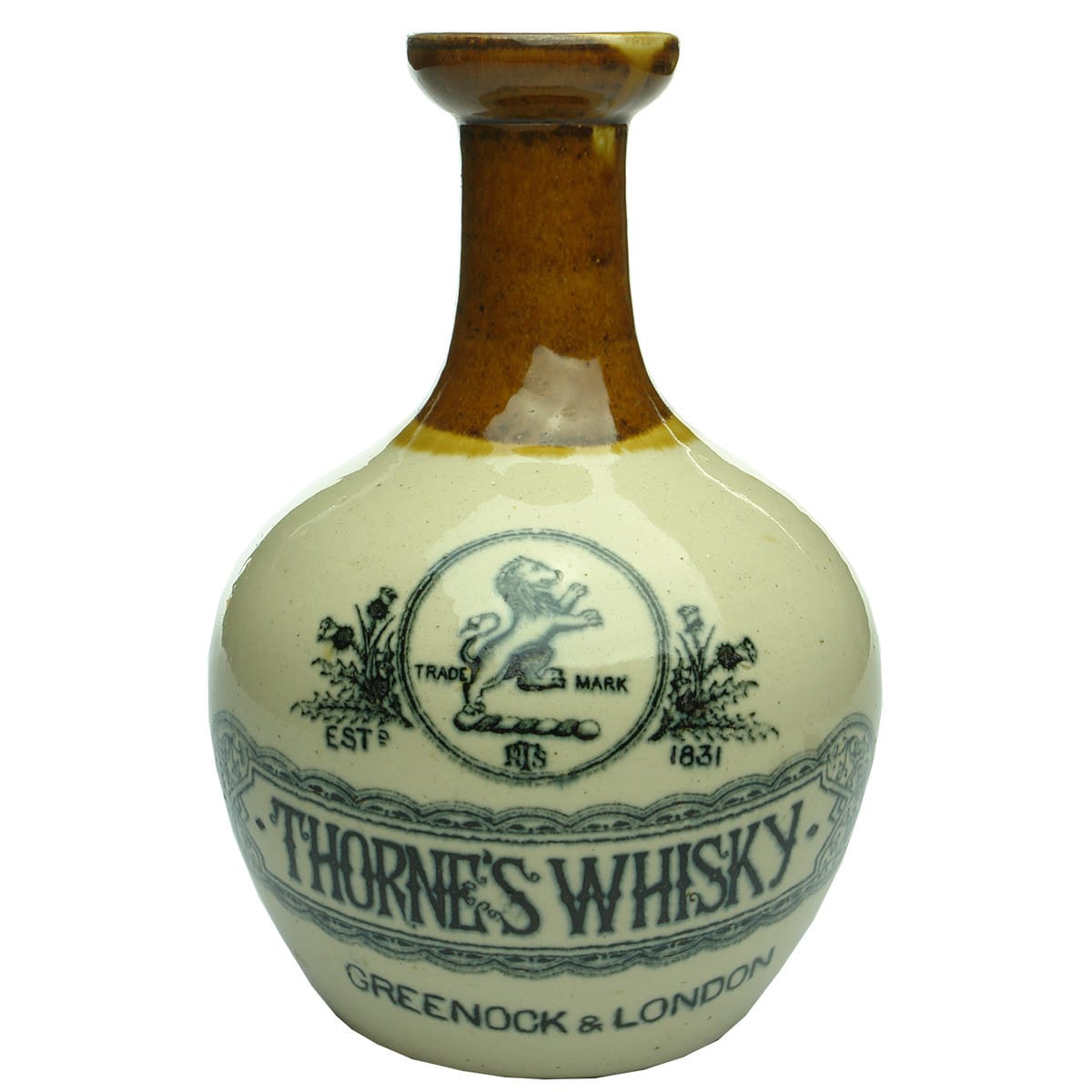 Whisky Jug. Thorne's Whisky. Greenock & London. Rampant Lion. Tan top.