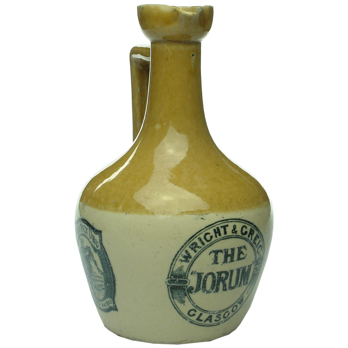 Whisky Jug. Wright & Greig. Roderick Dhu. The Jorum. Medals Adelaide, Christchurch & Calcutta.