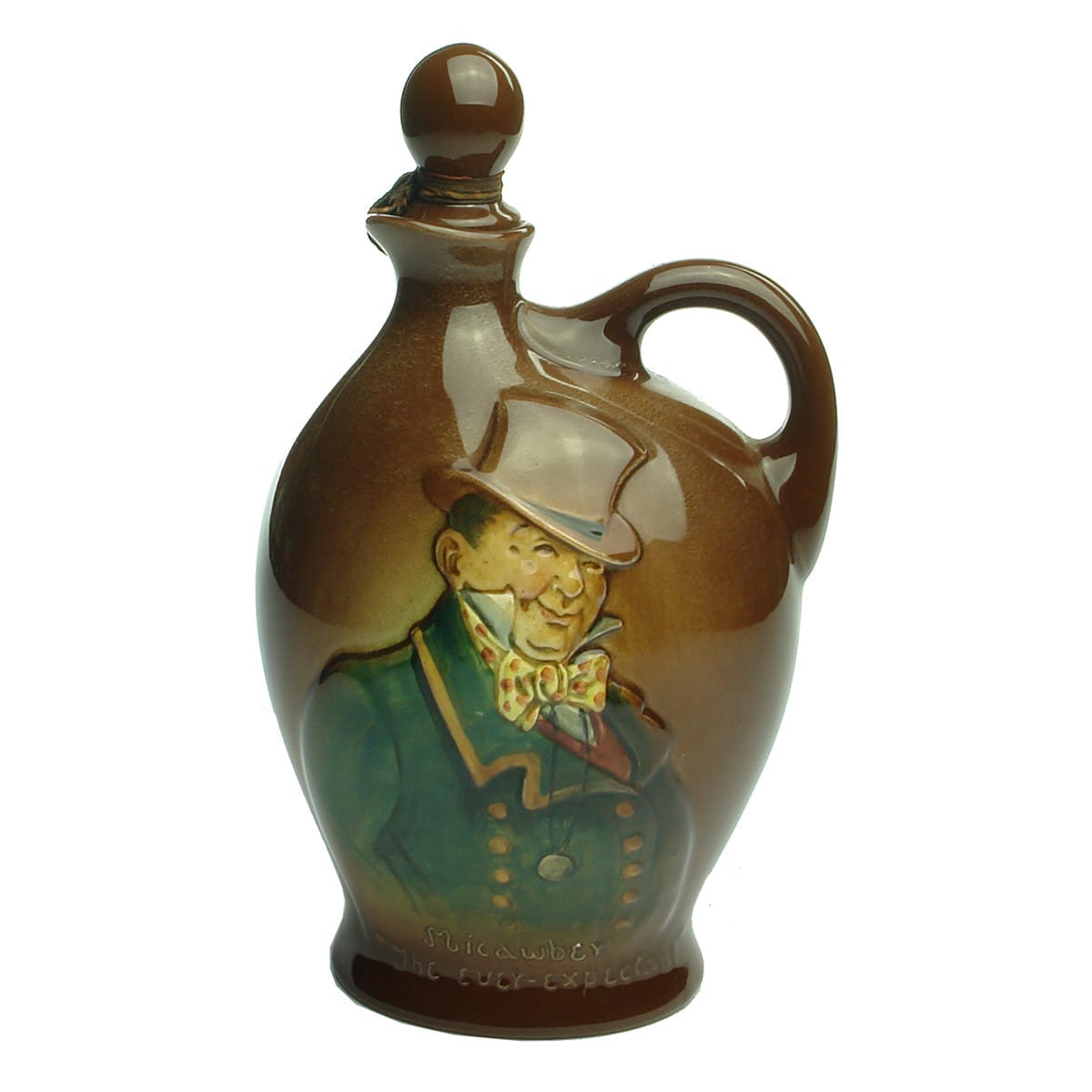 Kingsware Jug. Micawber, the Ever-Expectant. Dickens Whisky. Royal Doulton. Stopper and ribbon.