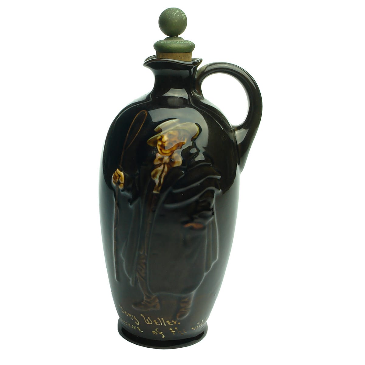 Kingsware Jug. Tony Weller, Beware of the vidders. Dewar's Whisky. Royal Doulton. Dark Colours. Dewar's cork and stopper.