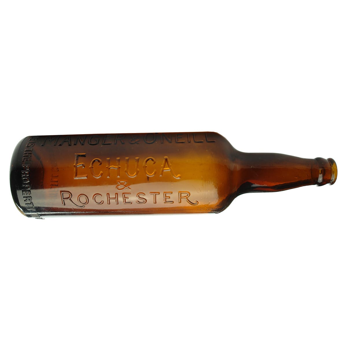 Crown Seal. Manger & O'Neill, Echuca & Rochester. Amber. 26 oz. Fancy Embossing. (Victoria)