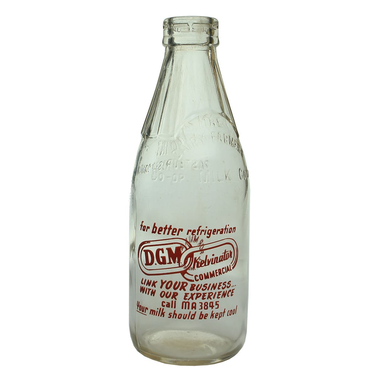 Milk bottle with Advertising. DGM Kelvinator Commercial. Dairy Farmers. Red Ceramic Label. Pint. (New South Wales)