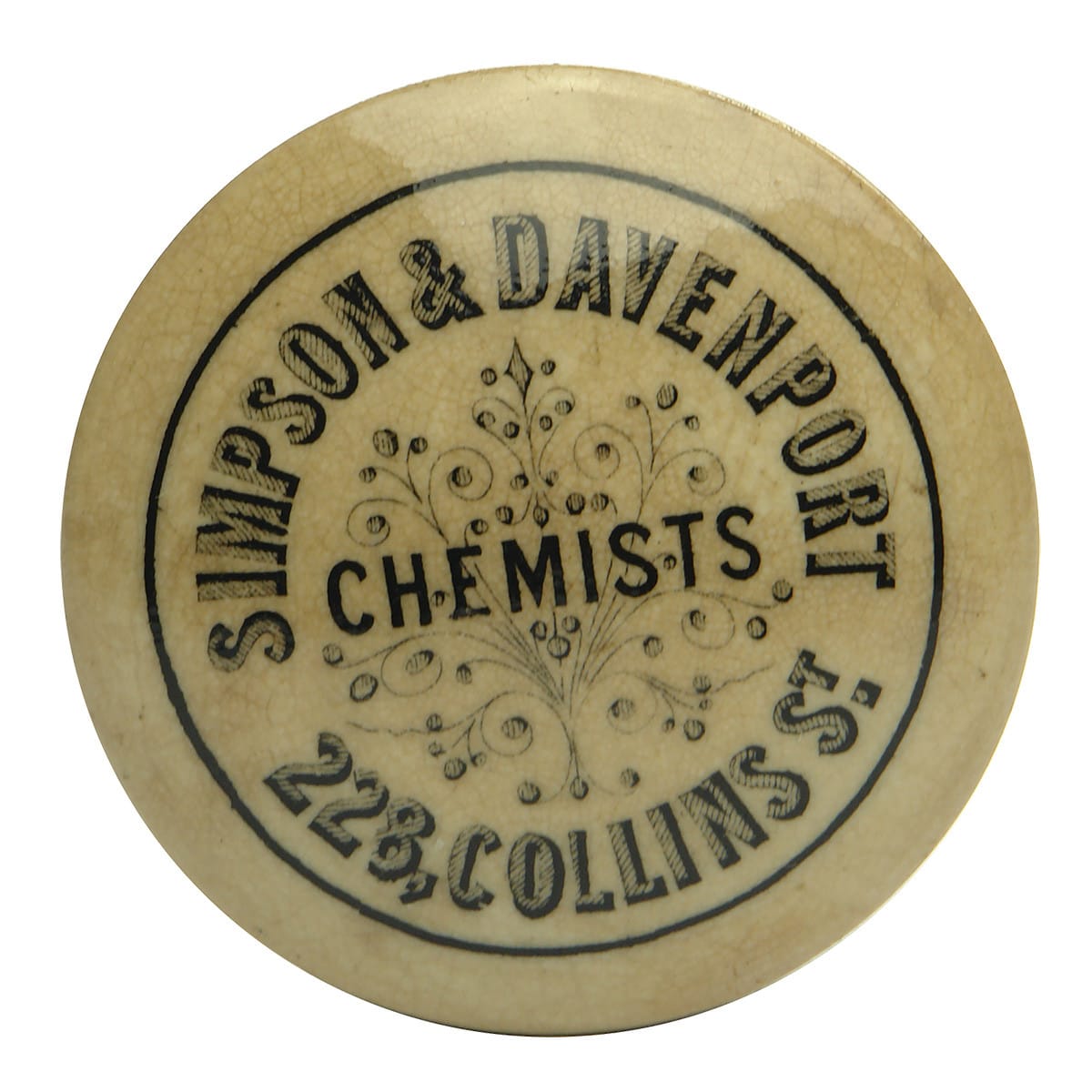 Pot Lid/Cap. Simpson & Davenport. Chemists, 228 Collins Street. Floral Pattern. 49 mm diameter. (Melbourne Victoria)