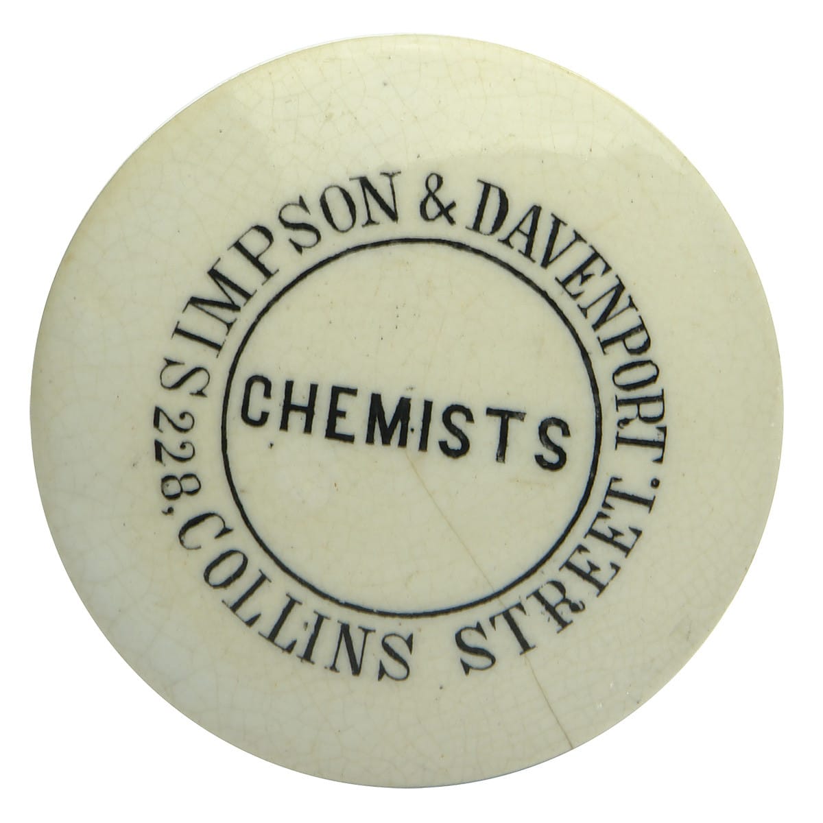 Pot Lid/Cap. Simpson & Davenport. Chemists, 228 Collins Street. 48 mm diameter. (Melbourne Victoria)