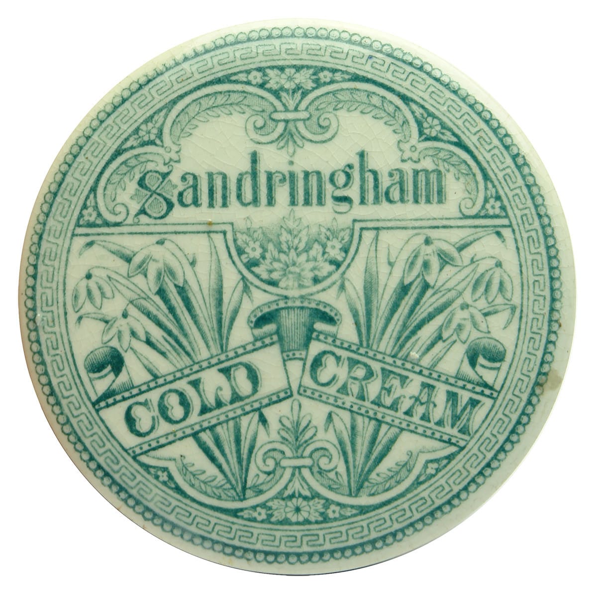 Pot Lid. Sandringham Cold Cream. Green Print.