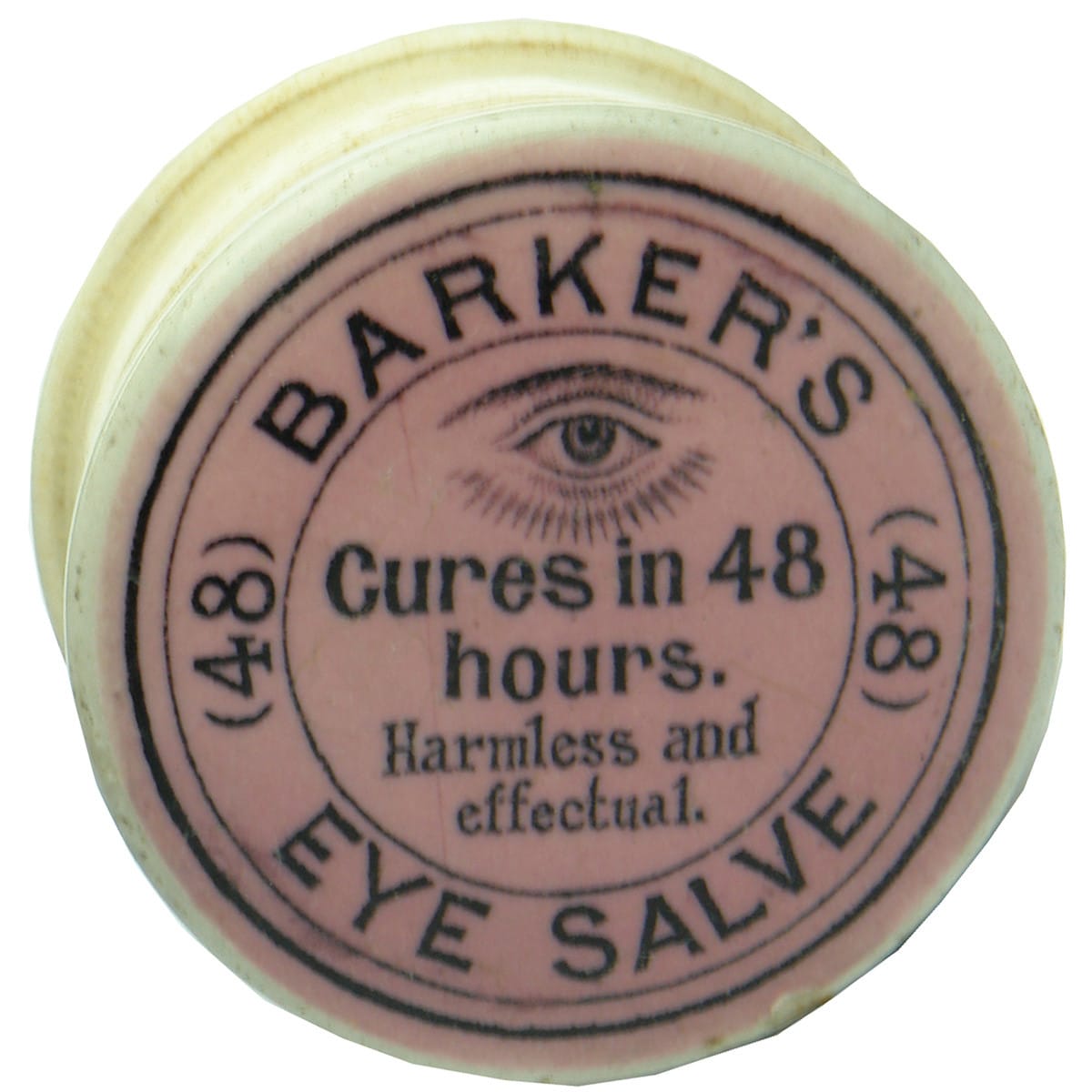 Pot Lid. Barker's Eye Salve. Black and pink. (Victoria)