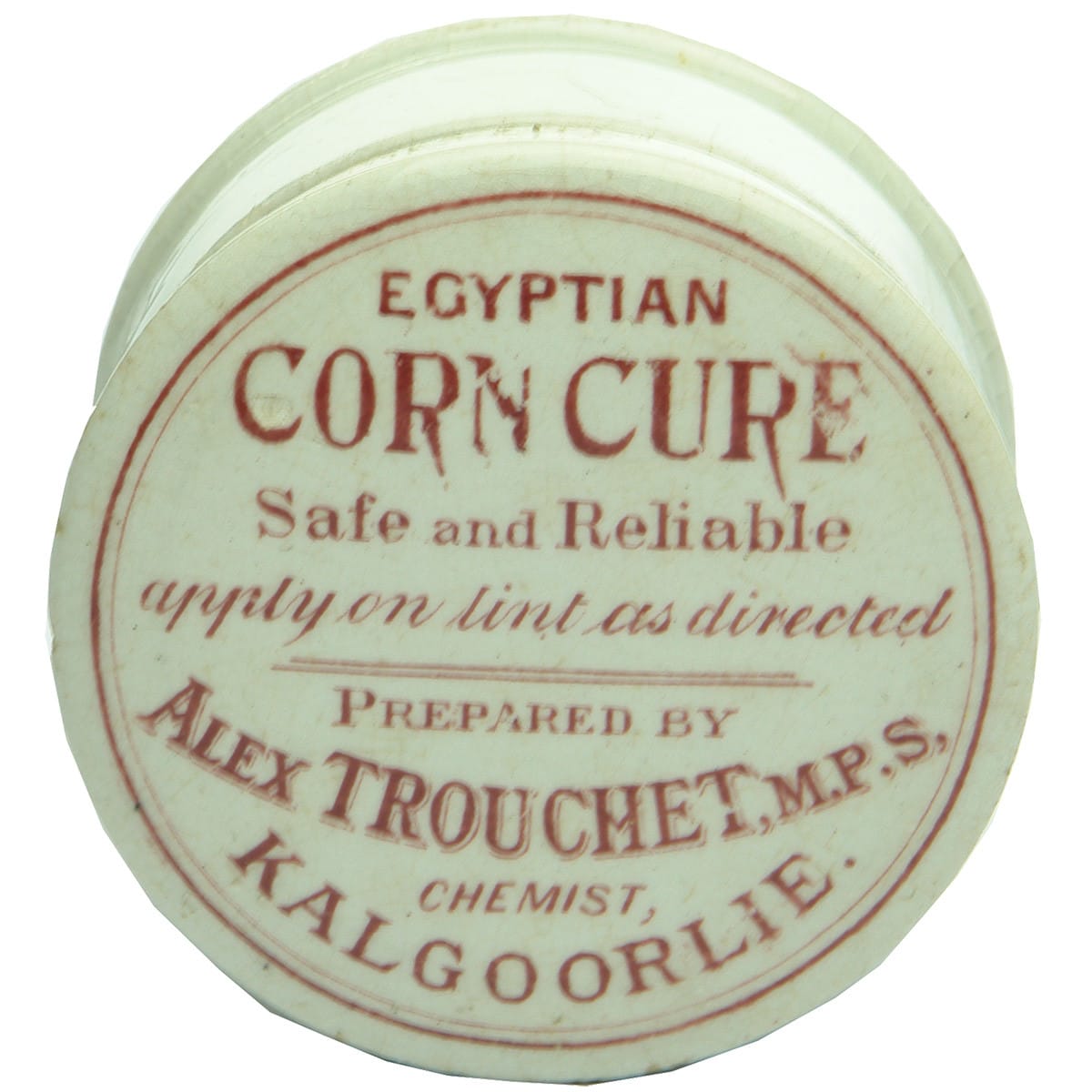 Pot Lid. Alex Trouchet, Kalgoorlie. Egyptian Corn Cure. Red & White. (Western Australia)