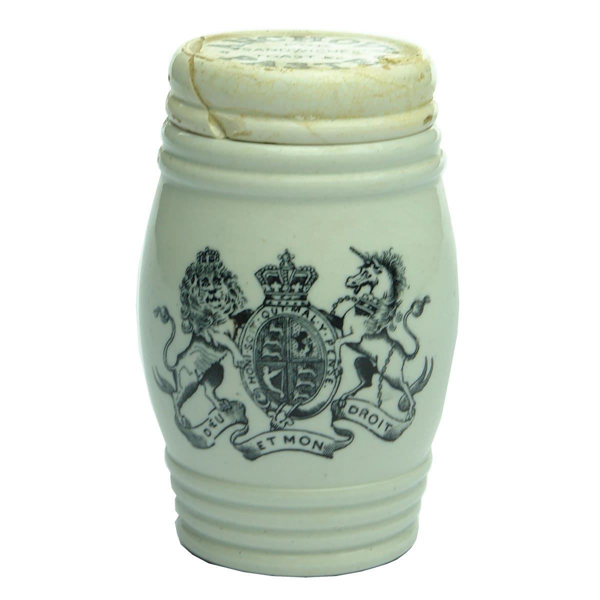 Pot. Barrel Shaped Pot with Coat of Arms and Anchovy Paste Lid. (Crosse & Blackwell, United Kingdom)