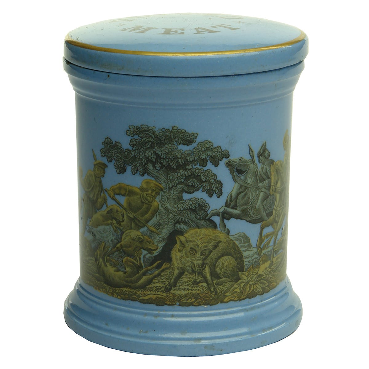 Blue Boar Hunt Prattware Jar. Potted Meat Lid. British Registration Diamond on lid and base.