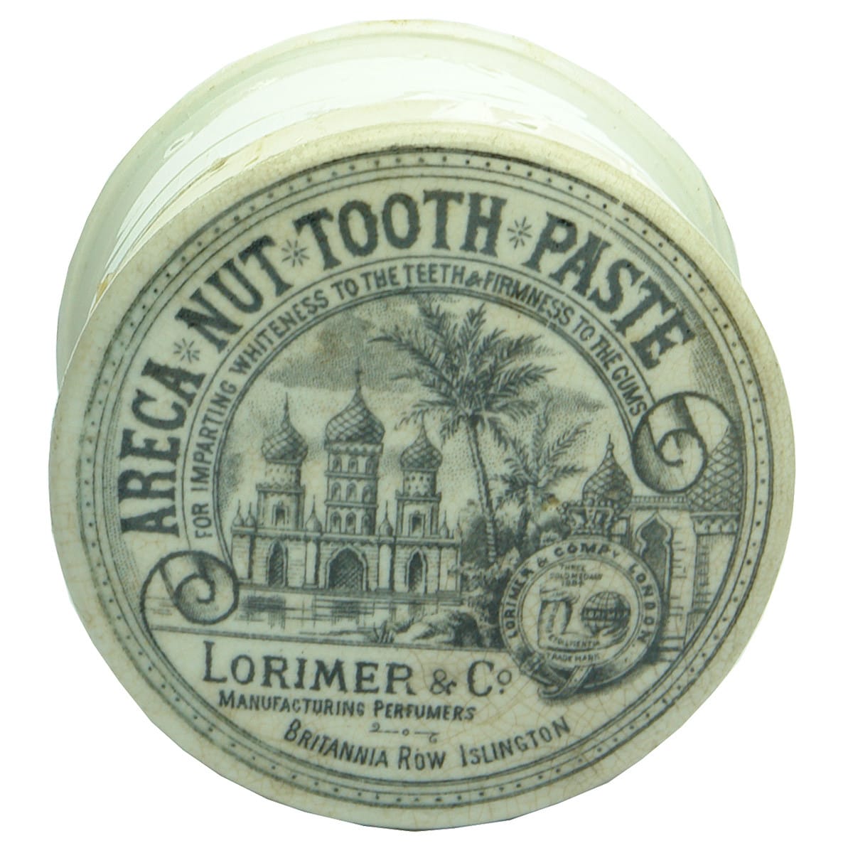 Pot Lid. Lorimer & Co, Islington, Areca Nut Tooth Paste. Building and Palm Trees. (United Kingdom)