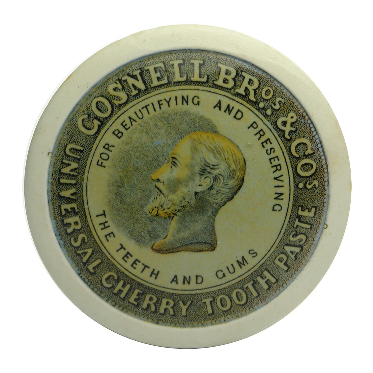 Pot Lid. Kings Head. Gosnell Bros & Co. Universal Cherry Tooth Paste. Coloured.