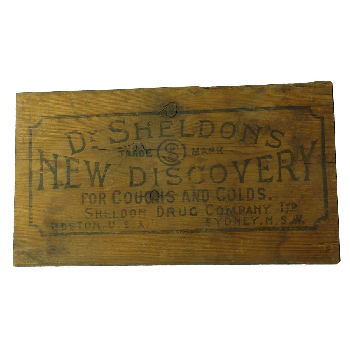 Box End. Dr Sheldon's New Discovery for Coughs and Colds, Boston, U. S. A., Sydney, N. S. W. (New South Wales)