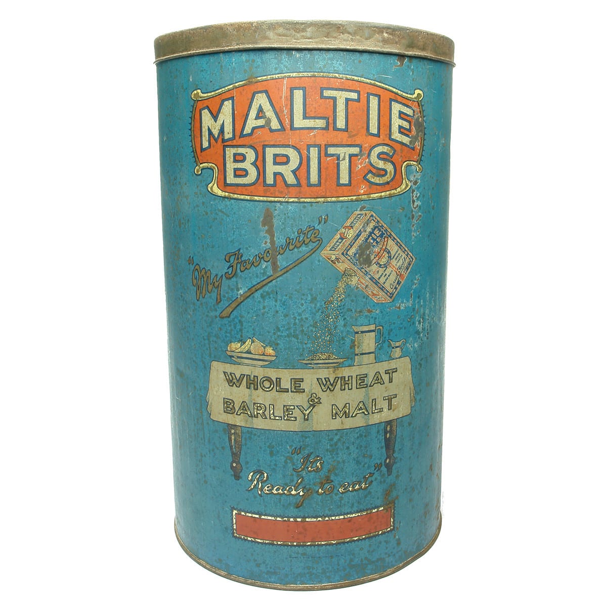 Large tall tin. Maltie-Brits. Cereal Food Co. Pty Ltd. Pictorial of a set breakfast table. (Melbourne, Victoria)