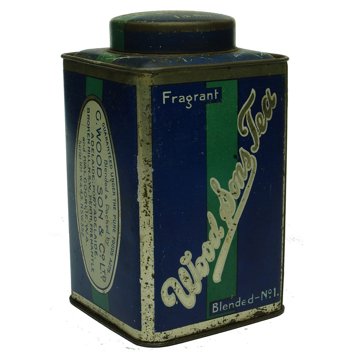 Tin. Wood Son's Tea, Adelaide, Port Adelaide, Broken Hill, Perth, Fremantle and Kalgoorlie. 1 Pound. (South Australia, New South Wales, Western Australia)