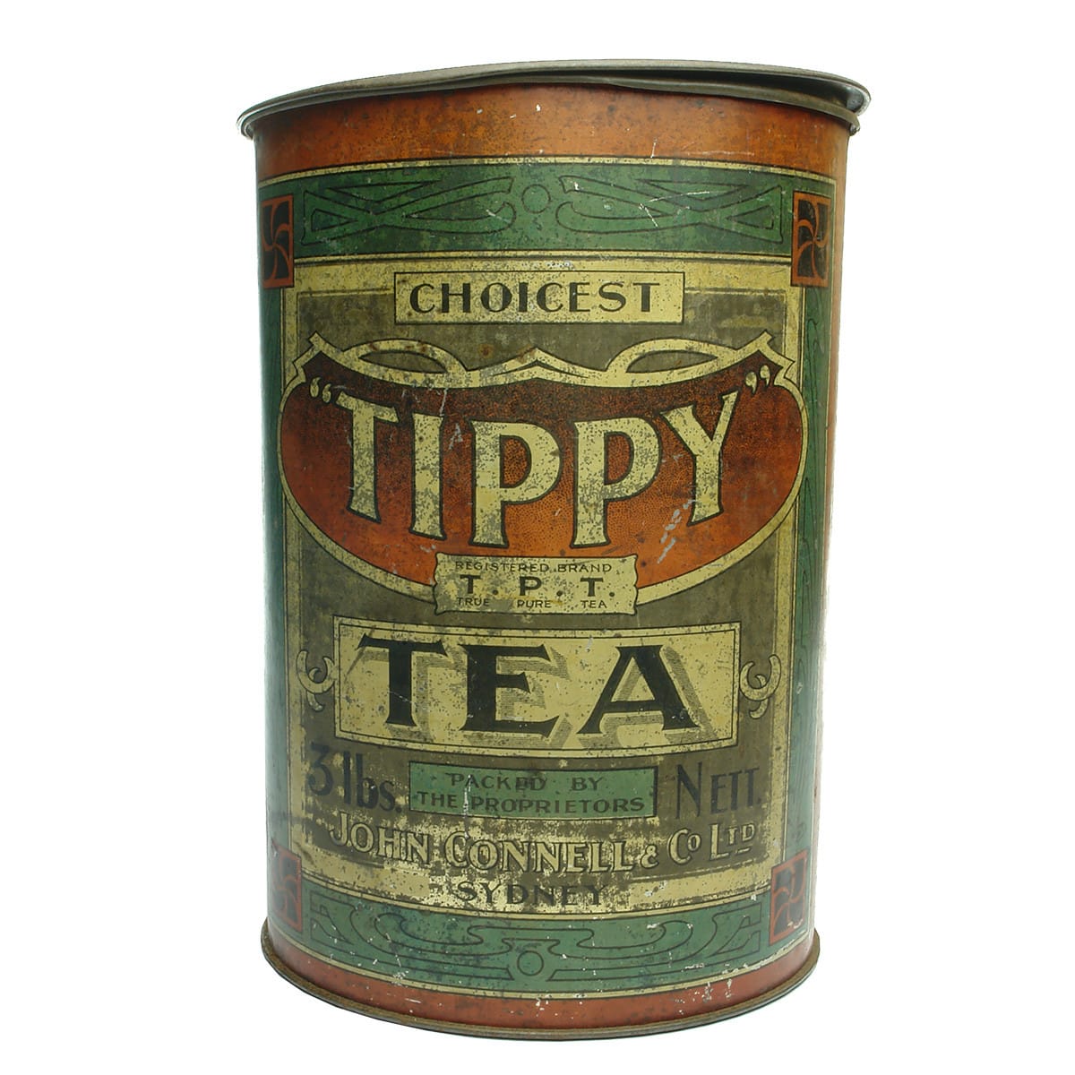 Tin. John Connell & Co Ltd., Sydney. TPT, Tippy Tea, True Pure Tea. 3 lb size. (New South Wales)