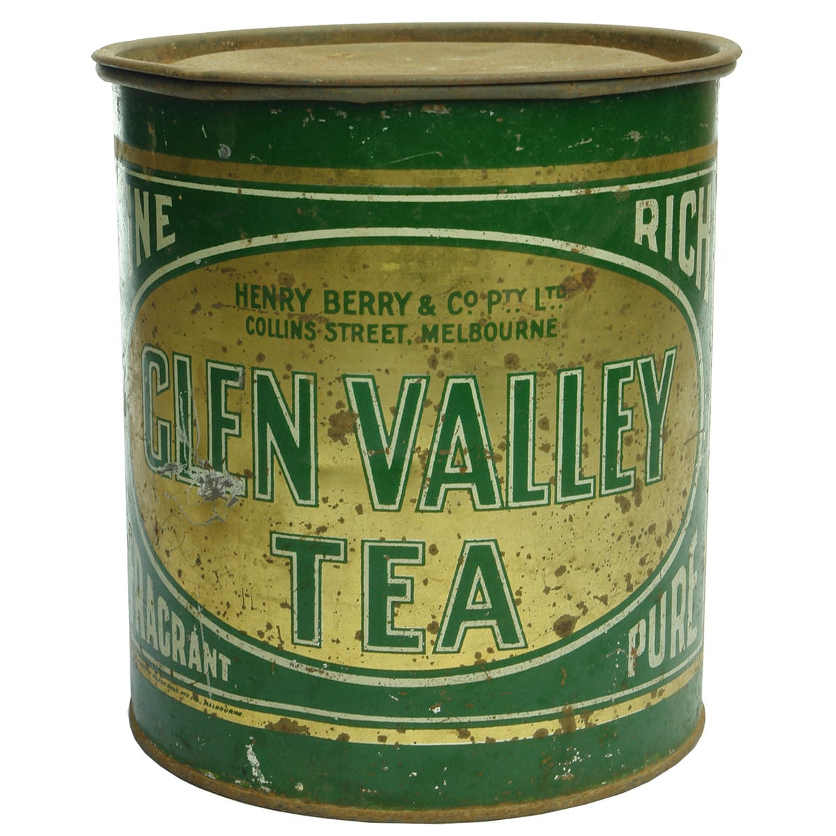 Tin. Glen Valley Tea, Henry Berry, Melbourne. 2 Pounds. Round. (Victoria)