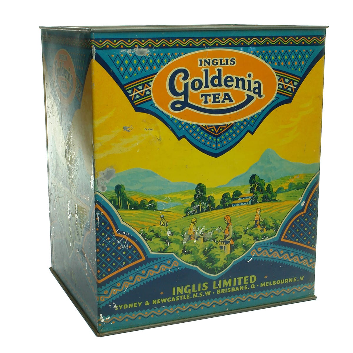 Tin. Goldenia Tea. Inglis Limited. Sydney, Newcastle, Brisbane & Melbourne. Women Picking Tea pictorial. 6 lb.