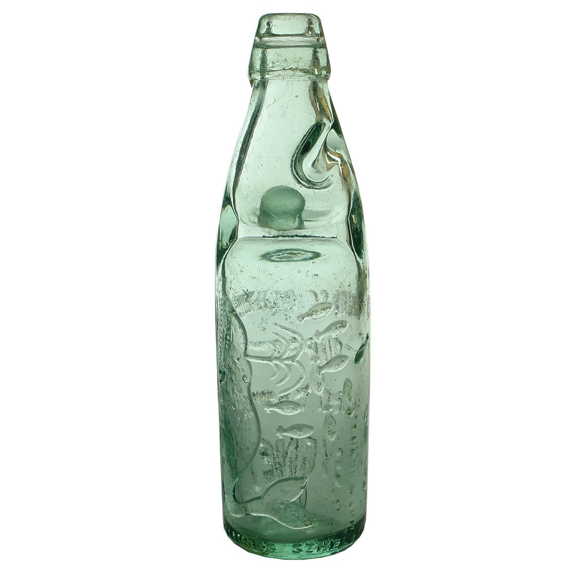 Codd. Charles Oertel, Sydney. Whale spouting Torpedo Bottles. One way pour. Aqua. 10 oz. (New South Wales)