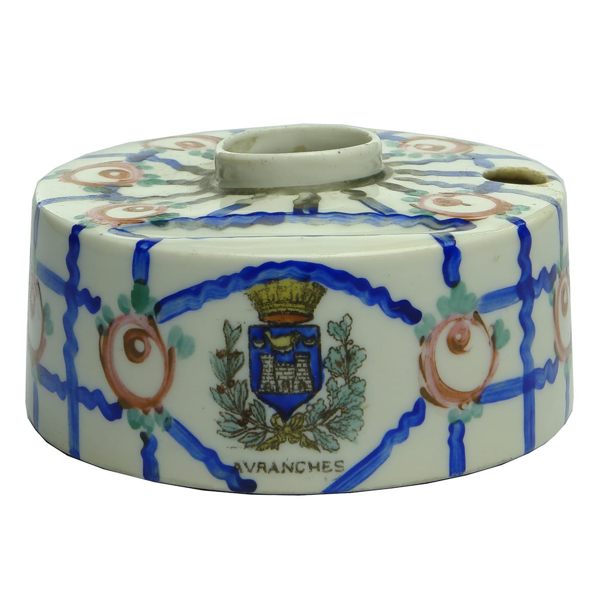 Inkwell. Handpainted round porcelain. Coat of Arms for Avranches. (France).