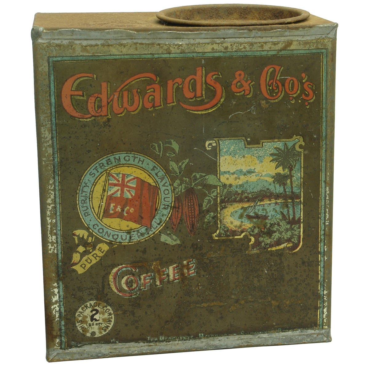 Tin. Edwards & Co Coffee, Melbourne, Sydney and Brisbane. Rectangle. 2 Pound. (Victoria, New South Wales, Queensland)