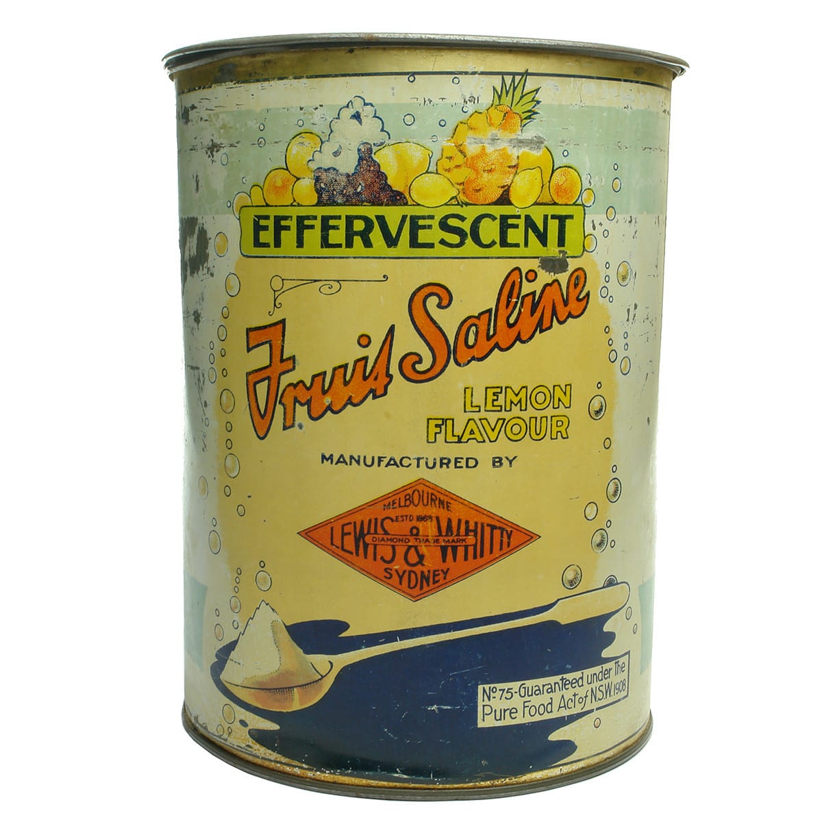 Tin. Lewis & Whitty. Melbourne & Sydney. Lemon Fruit Saline. 7 lb size. (Victoria & New South Wales)