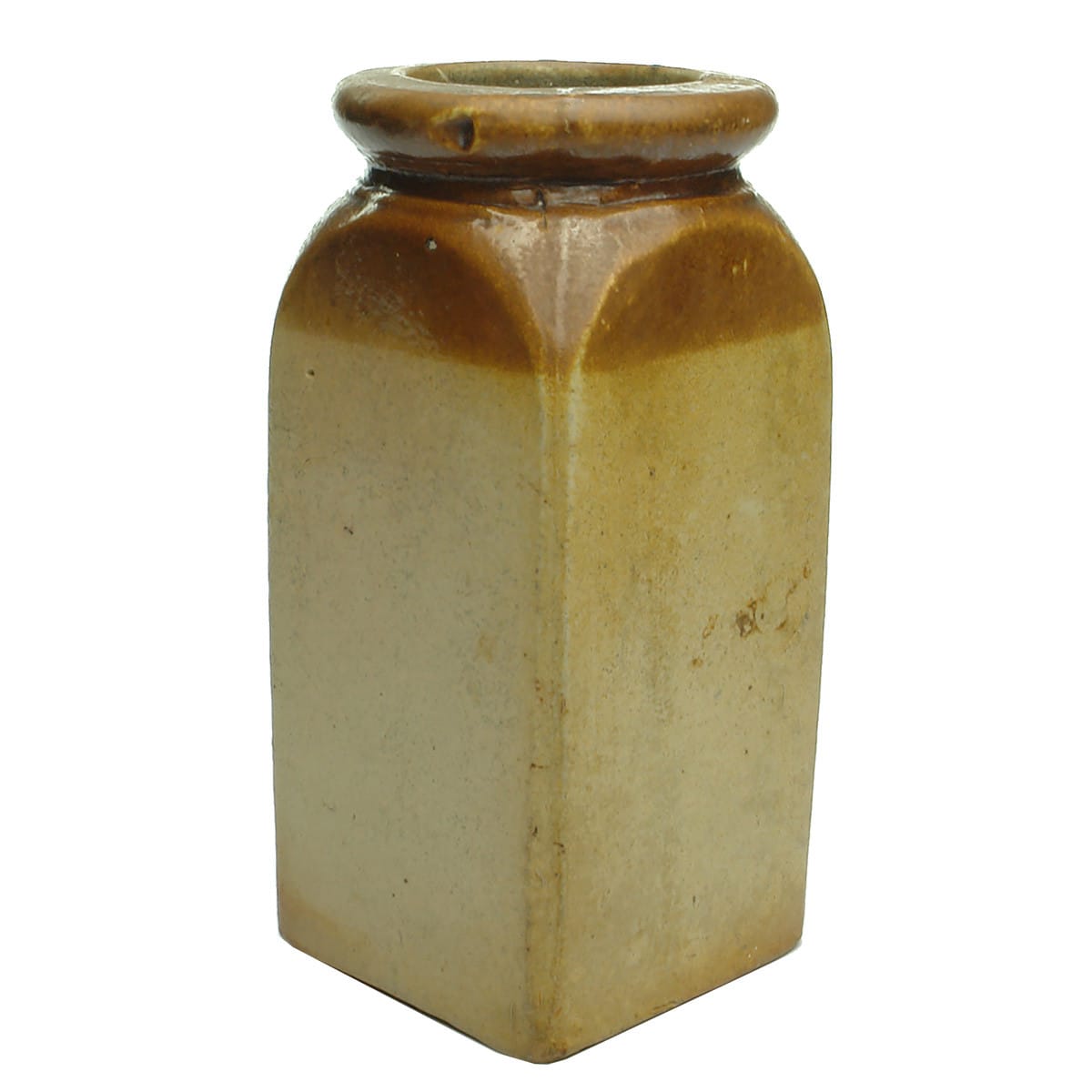 Tobacciana. Early two tone salt glaze square tobacco or snuff jar.