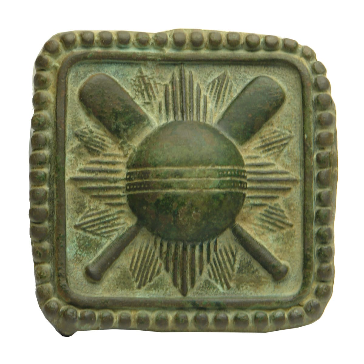 Cricket Belt Buckle. Cricket Ball, Crossed Bats, Star like background.