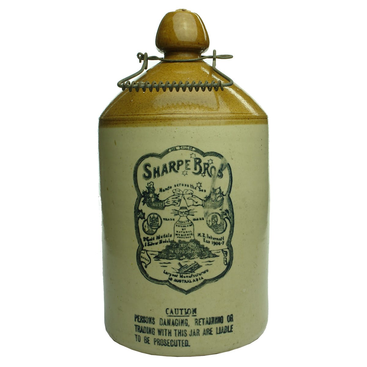 Demijohn. Sharpe Bros. Hands across the Sea. Tan top. Internal Thread. 1 Gallon.