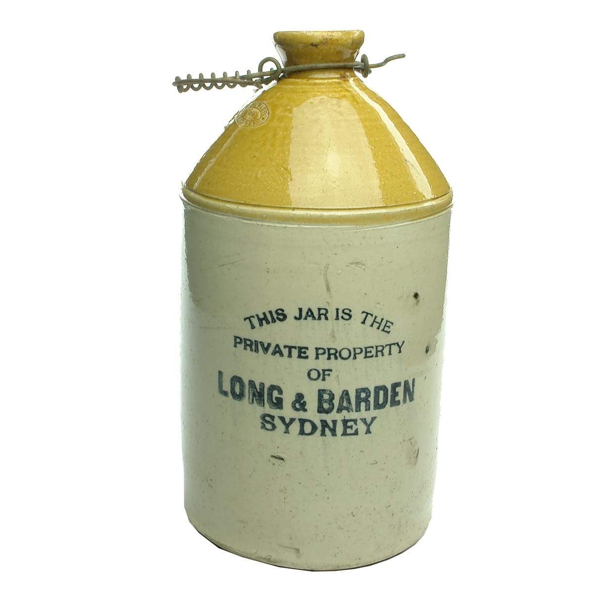 Demijohn. Long & Barden, Sydney. Fowler 1912 stamp. Internal Thread. (New South Wales)