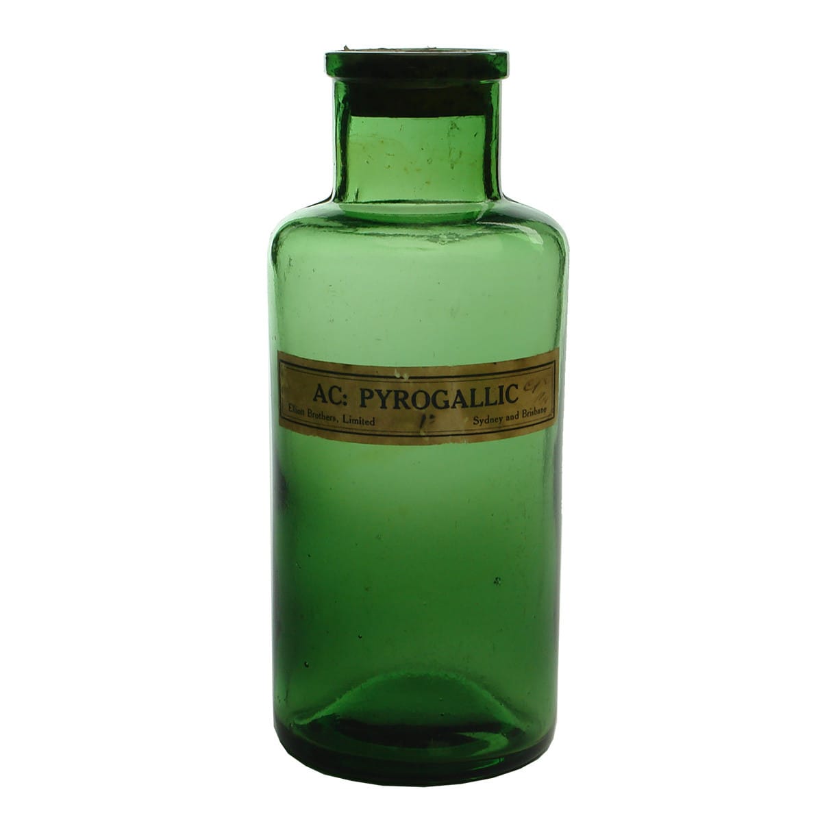 Plain green Chemists Jar. Label and Cork with label for Elliott Bros., Wholesale Druggists, Sydney & Brisbane.