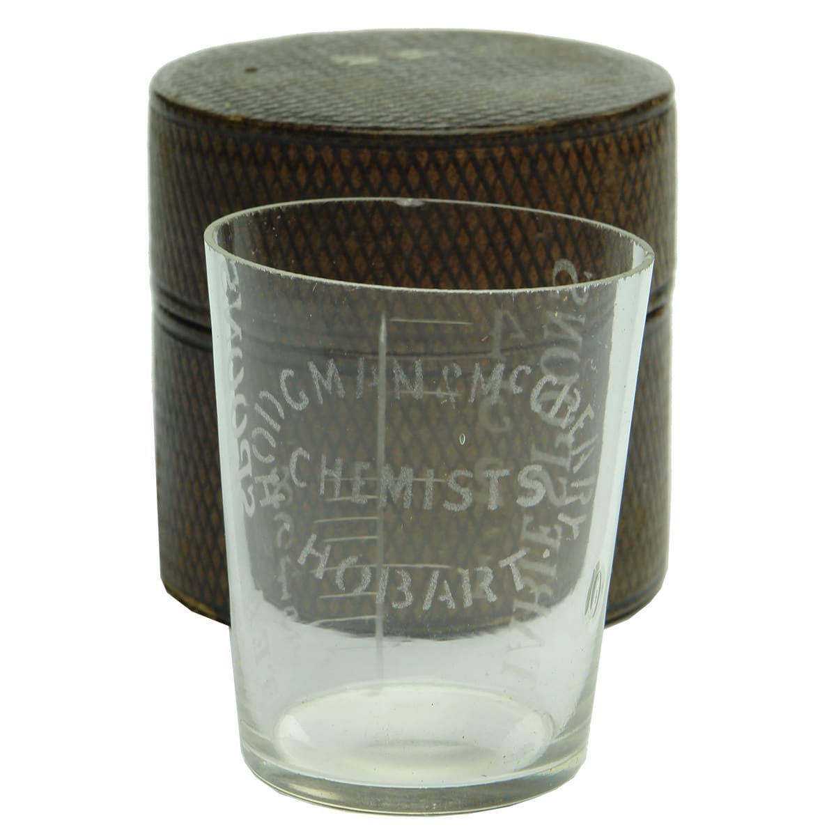 Dose Cup. Hodgman & McCreary, Hobart. Acid Etched. Original Case. 4 Tablespoons. (Tasmania)