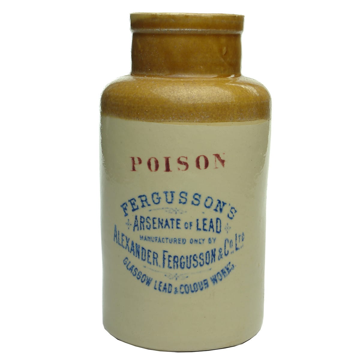 Poison Jar. Fergusson's Arsenate of Lead. Tan Top. Blue & Red Print. 174 mm.