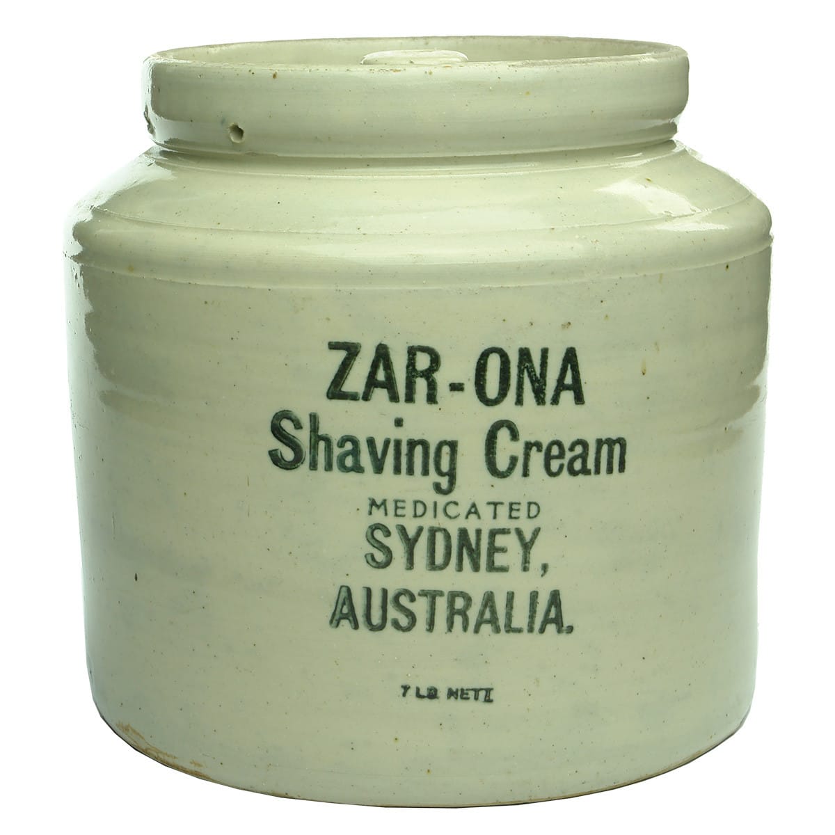 Jar. Zar-Ona Shaving Cream, Sydney. All White. 7 Pounds. (New South Wales)