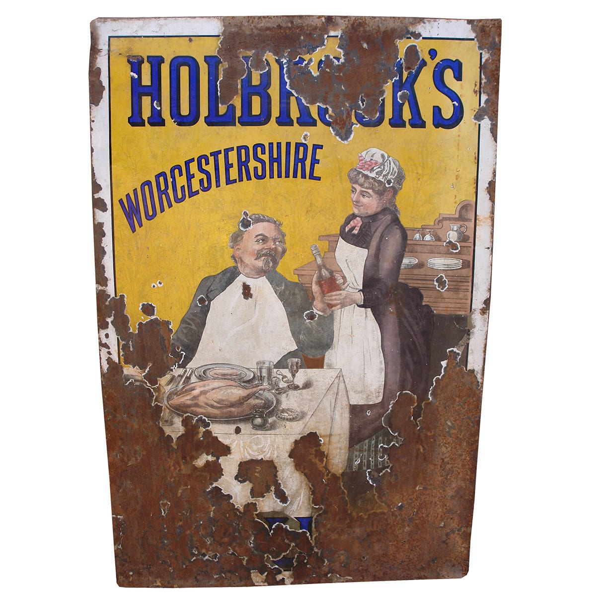 Enamel Sign. Holbrook's Worcestershire Sauce. Maid giving a bottle to a gentleman eating roast turkey.