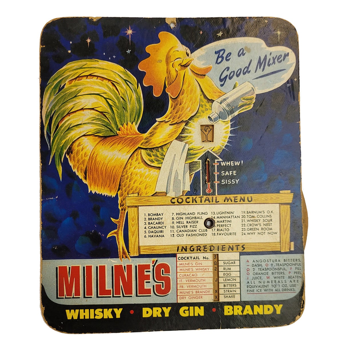 Cardboard Cocktail mixing wheel. Milne's Whisky Gin Brandy. (South Australia)