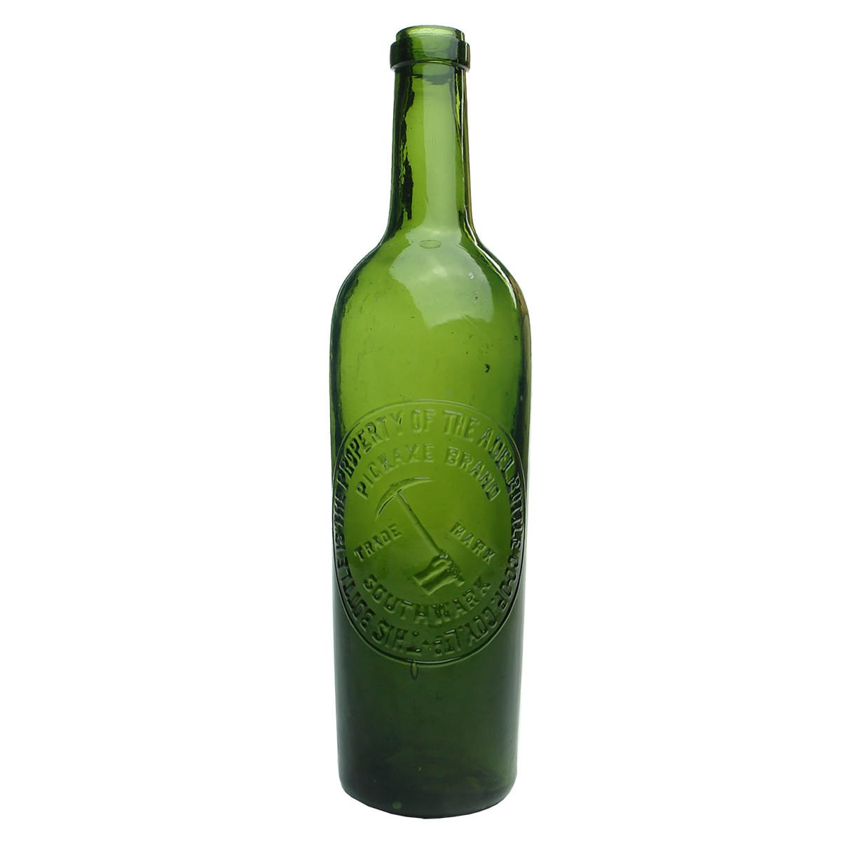 Wine. Pickaxe Brand. Adelaide Bottle Co-operatve Co. Southwark. Claret shape. Dark Green. 26 oz. (South Australia)