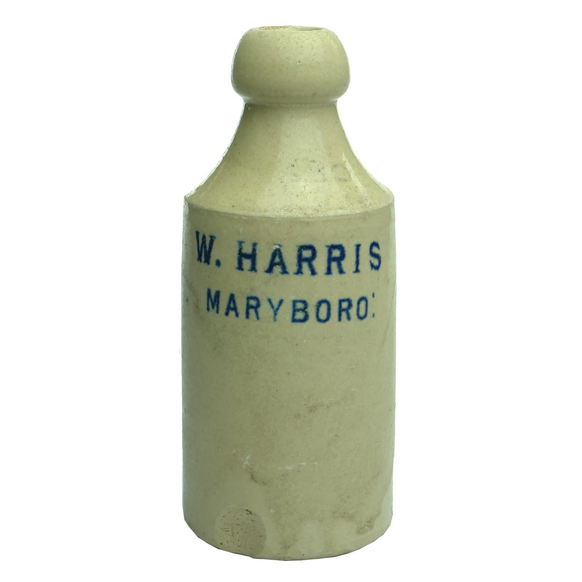 Ginger Beer. W. Harris, Maryboro'. Glasgow pottery. Dump. All White. Blue Print. (Maryborough, Queensland)