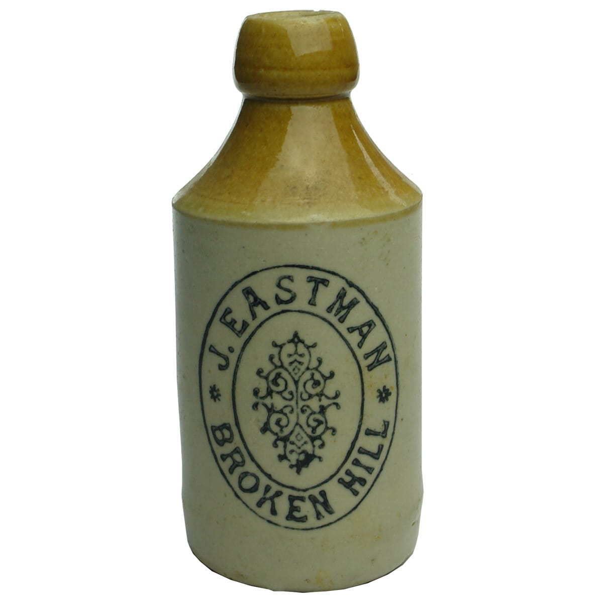 Ginger Beer. J. Eastman, Broken Hill. Bendigo Pottery. Tan Top. (New South Wales)