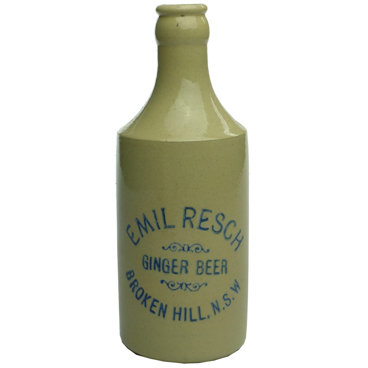 Ginger Beer. Emil Resch, Broken Hill. Crown seal, dump. Blue print.