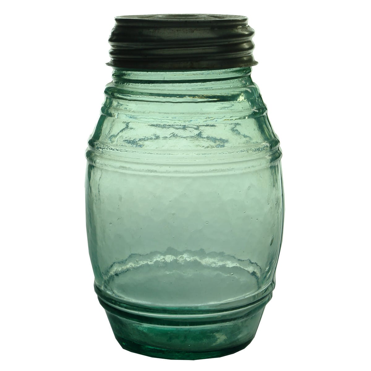 Salt Jar. Barrel Shaped with Castle to Base. Aqua. 2 Pound. (South Australia)