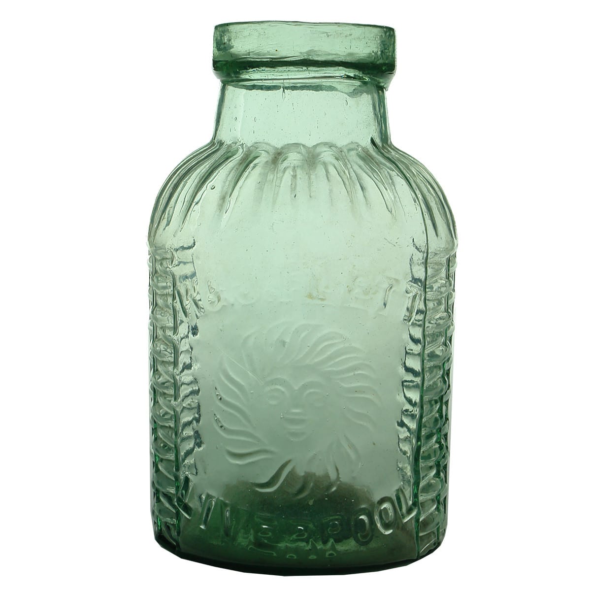 Salt Jar. W & J. Flett, Liverpool. Aqua. 2 Pound. (United Kingdom)