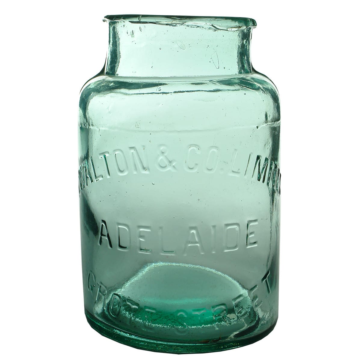 Lolly Jar. Walton & Co Limited., Grote Street, Adelaide. Aqua. Half Gallon. (South Australia)