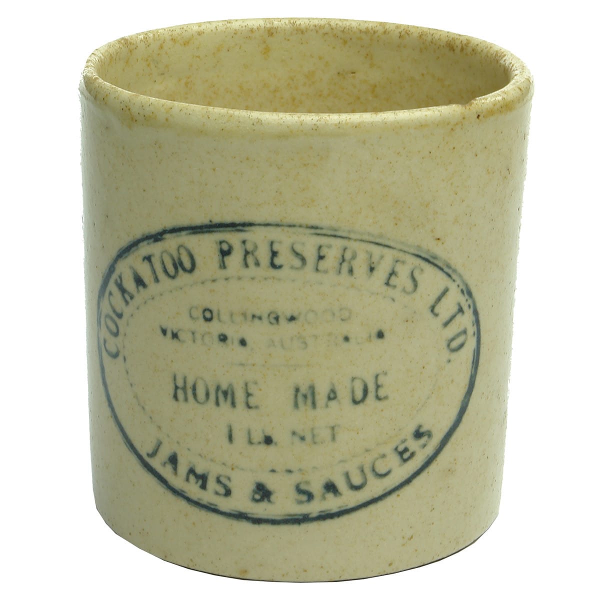 Stoneware Jam Jar. Cockatoo Preserves Ltd., Collingwood. 1 Lb. (Victoria)