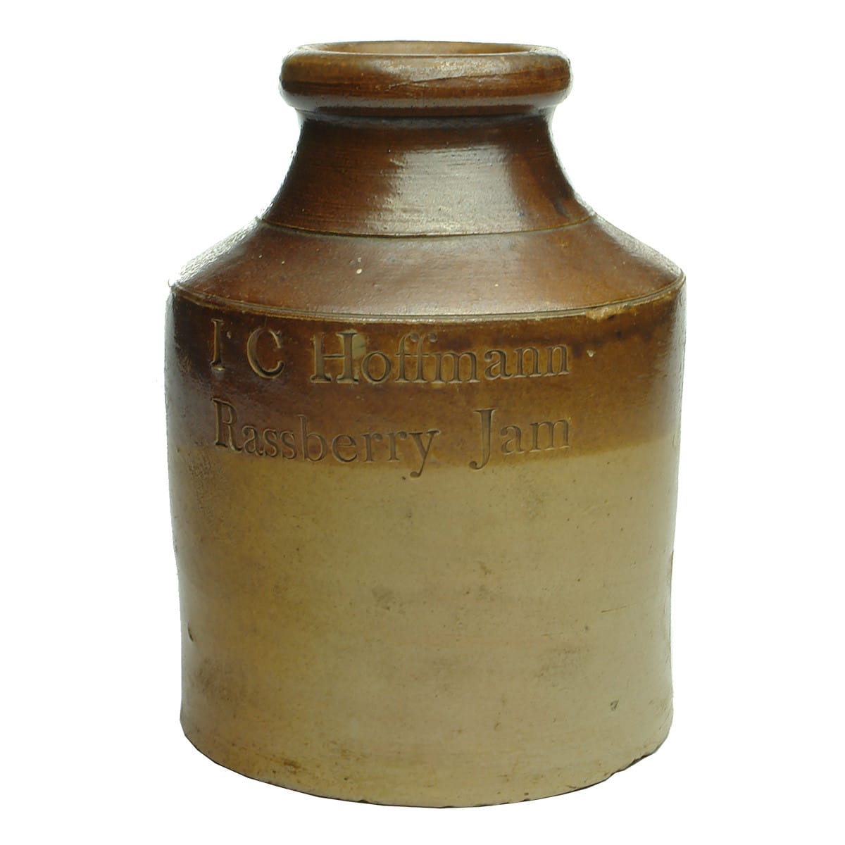 Stoneware Jam Jar. I C Hoffmann, Rassberry Jam. Two tone. Large size. Impressed.