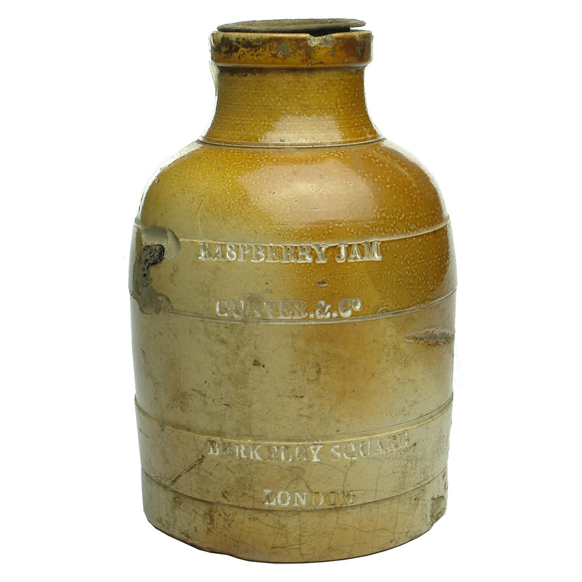 Stoneware Jam Jar. Gunter & Co., Raspberry Jam, Berkeley Square, London. Original metal cap with insert.