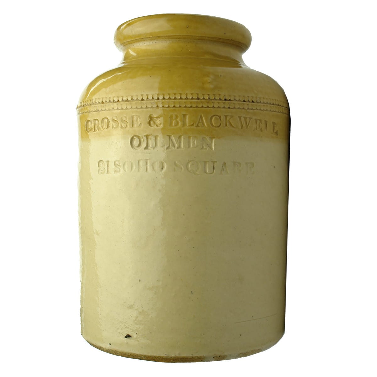 Stoneware Jar. Crosse & Blackwell, Oilmen, 21 Soho Square. Tan Top. Quart.