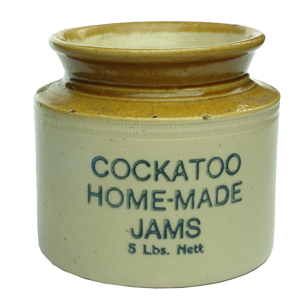 Stoneware Jar. Cockatoo Home Made Jams. 5 Lbs. (Victoria)